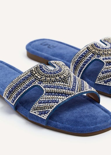 Linzi Indira Cobalt Blue Suede Aztec Design Embellished Slider Sandal