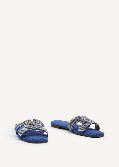 Linzi Indira Cobalt Blue Suede Aztec Design Embellished Slider Sandal