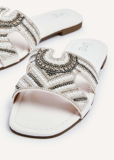 Linzi Indira White Faux Leather Aztec Design Embellished Slider Sandal