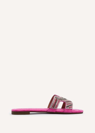 Linzi Indira Fuchsia Suede Aztec Design Embellished Slider Sandal