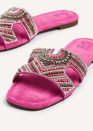 Linzi Indira Fuchsia Suede Aztec Design Embellished Slider Sandal