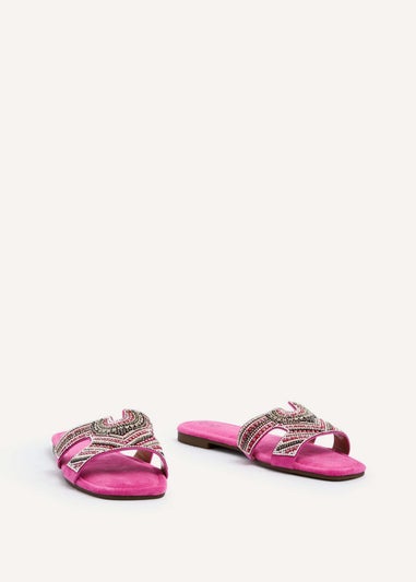 Linzi Indira Fuchsia Suede Aztec Design Embellished Slider Sandal