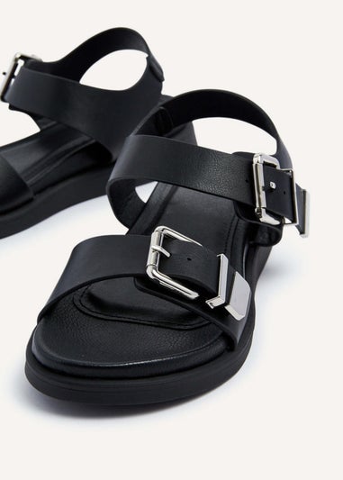 Linzi Jet Black Faux Leather Large Buckle Detail Two Part Sandal