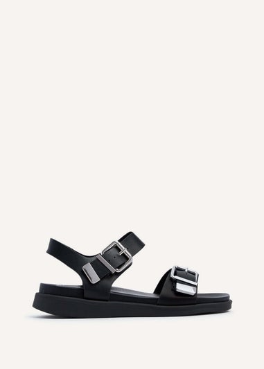 Linzi Jet Black Faux Leather Large Buckle Detail Two Part Sandal