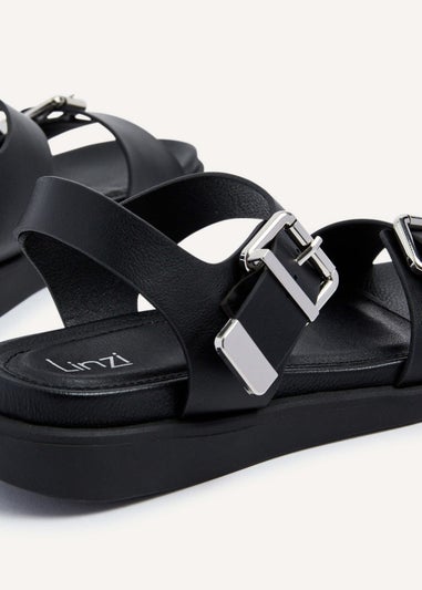 Linzi Jet Black Faux Leather Large Buckle Detail Two Part Sandal