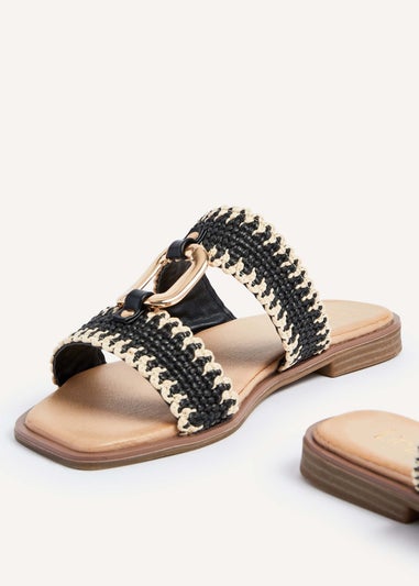 Linzi Jojo Black Raffia Double Strap Flat Sandal