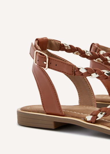 Linzi Nova Tan & Gold Faux Leather Plaited Gladiator Style Sandal