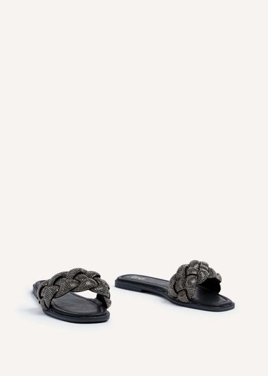 Linzi Pandora Black Diamante Plaited Slider Sandal