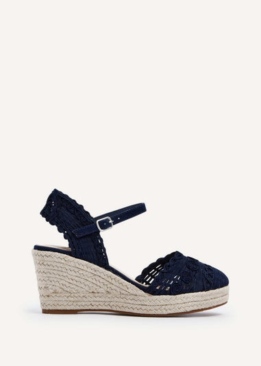 Linzi Riviera Navy Woven Closed Toe Espadrille Wedge