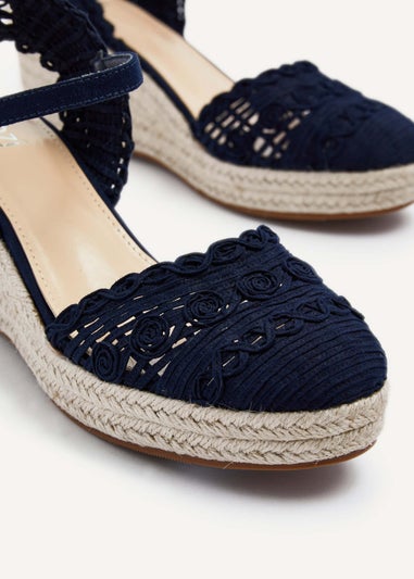 Linzi Riviera Navy Woven Closed Toe Espadrille Wedge