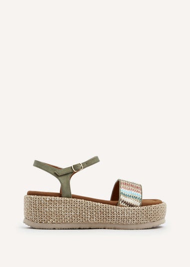 Linzi Sage Green Faux Nubuck Front Strap Raffia Flatform Sandal