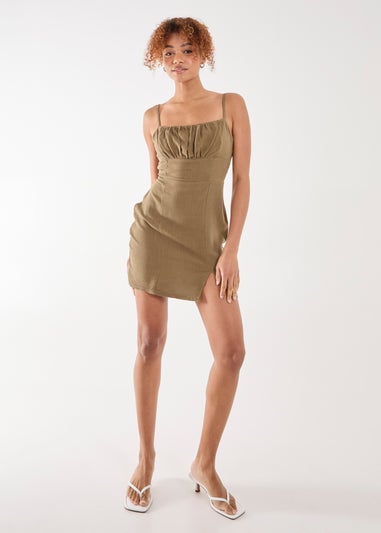 Pink Vanilla Khaki Linen Ruched Strappy Mini Dress