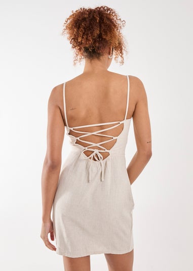 Pink Vanilla Stone Linen Ruched Strappy Mini Dress