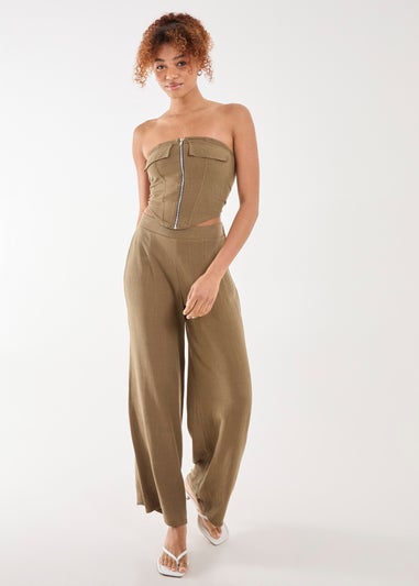 Pink Vanilla Khaki Linen Straight High Waist Trousers