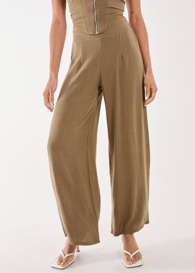 Pink Vanilla Khaki Linen Straight High Waist Trousers