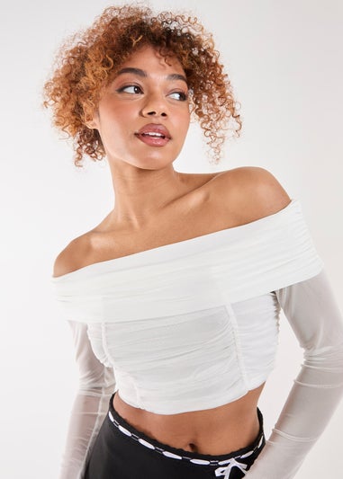 Pink Vanilla White Bardot Mesh Long Sleeve Top