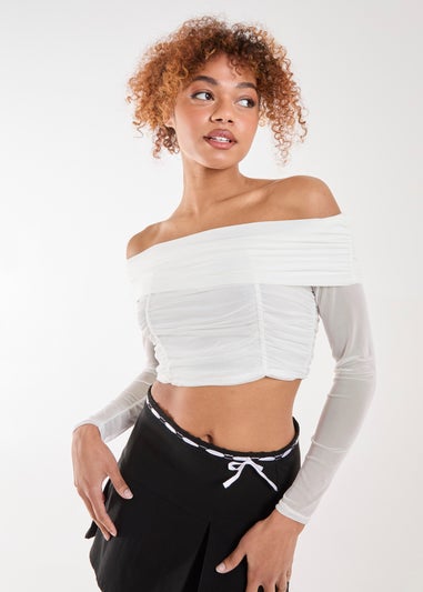 Pink Vanilla White Bardot Mesh Long Sleeve Top