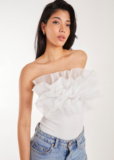 Pink Vanilla White Corsage Front Ruffle Bodysuit