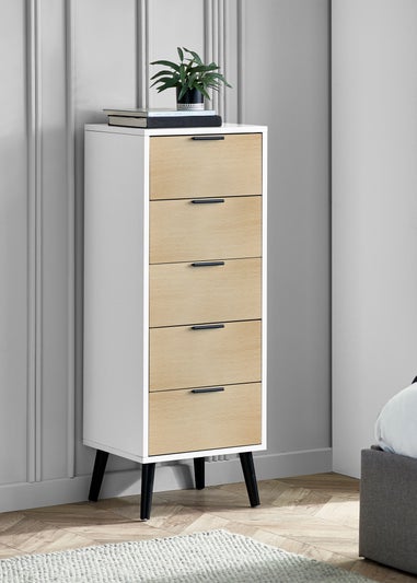 Julian Bowen Alba 5 Drawer Narrow Chest in White and Oak (120.5 x 45 x 40cm)