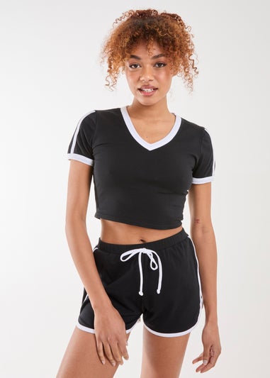 Pink Vanilla Black Contrast Piping Cropped T-Shirt