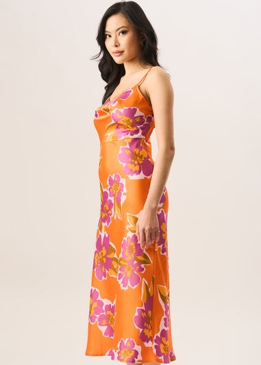 Gini London Orange Floral Print Cowl Neck Slip Midi Dress