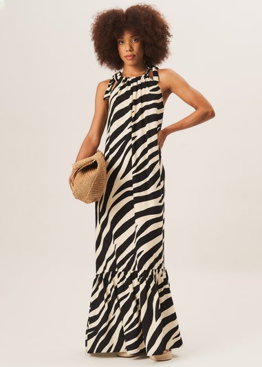 Gini London Mono Zebra Print Tie Shoulder Maxi Dress