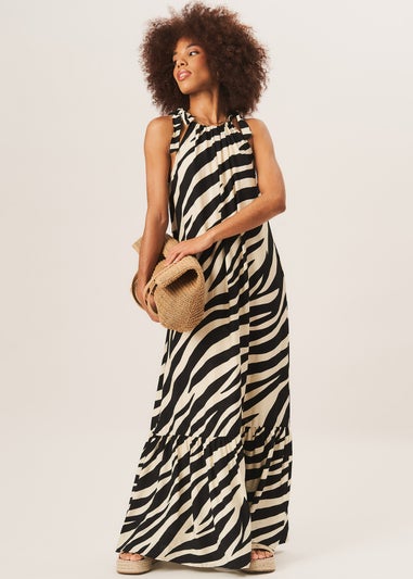 Gini London Mono Zebra Print Tie Shoulder Maxi Dress