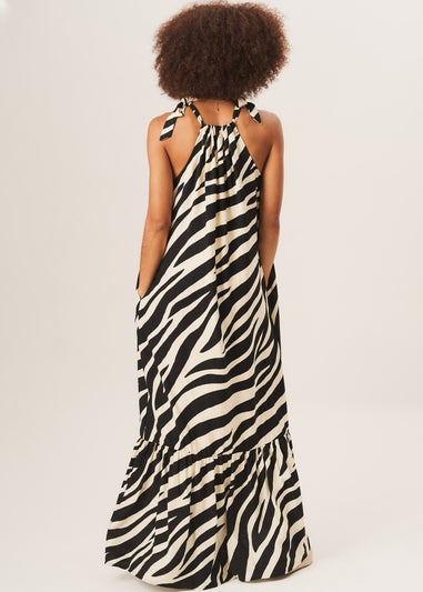 Gini London Mono Zebra Print Tie Shoulder Maxi Dress