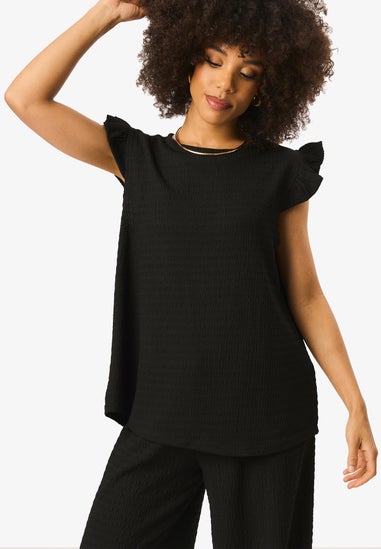 Gini London Black Frill Sleeves Textured Oversized Top