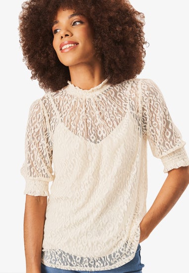 Gini London Cream High Neck Lace Loose Fit Blouse