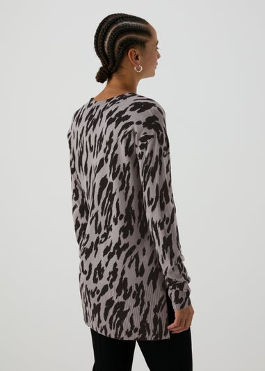 Grey Leopard Print V-Neck Jumper