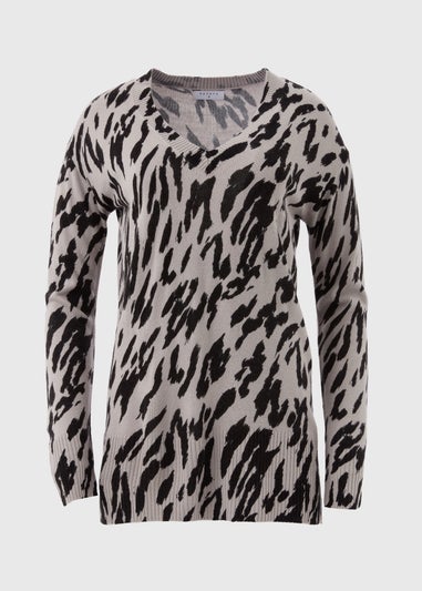 Grey Leopard Print V-Neck Jumper