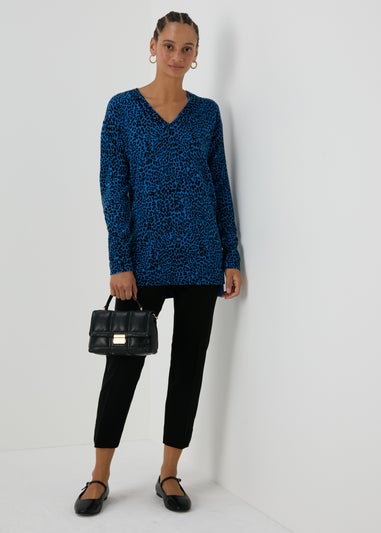 Blue Leopard Print V-Neck Jumper