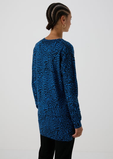 Blue Leopard Print V-Neck Jumper