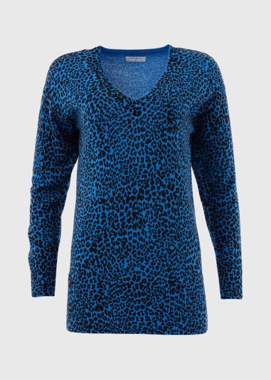 Blue Leopard Print V-Neck Jumper