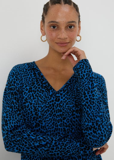 Blue Leopard Print V-Neck Jumper