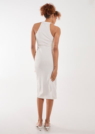 Pink Vanilla White Ribbed Texture Racer Midi Dress