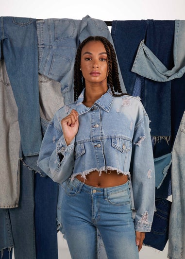 Pink Vanilla Blue Distressed Cropped Denim Jacket