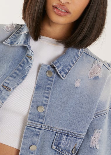 Pink Vanilla Blue Distressed Cropped Denim Jacket