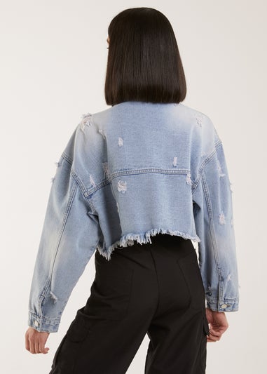 Pink Vanilla Blue Distressed Cropped Denim Jacket