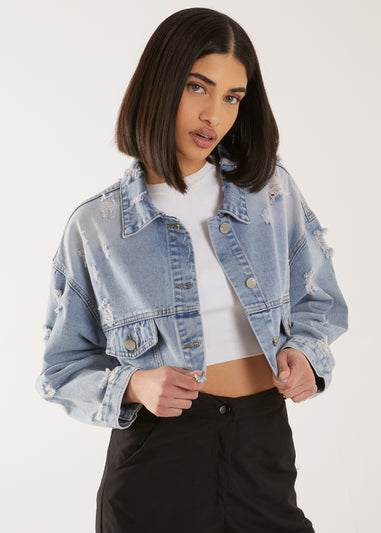 Pink Vanilla Blue Distressed Cropped Denim Jacket