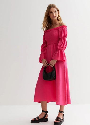 Gini London Pink Textured Shirred Top Smock Midi Dress