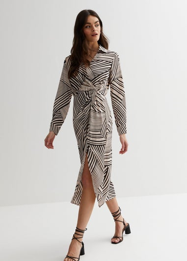 Gini London Tan Geo Print Collar Midi Wrap Dress
