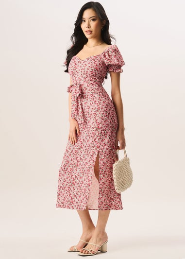 Gini London Red Ditsy Rose Print Belted Midi Dress
