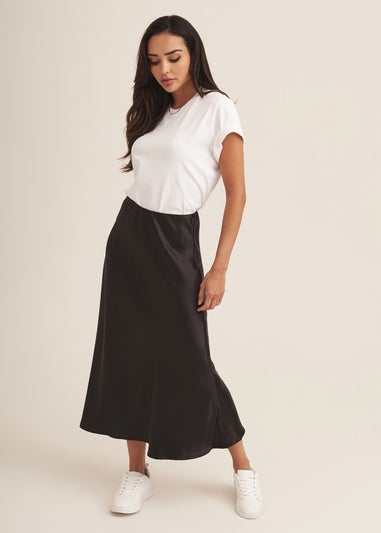 Gini London Black Satin Bias Cut Midi Skirt