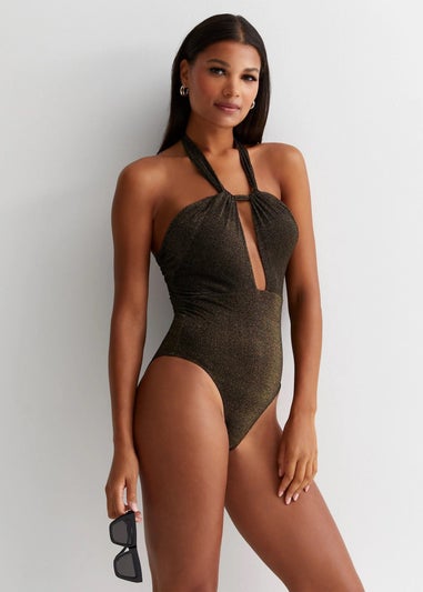 Gini London Twisted Halter Swimsuit In Black And Gold Lurex