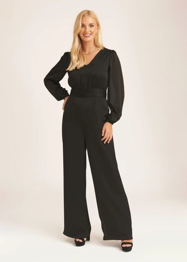 Gini London Black V Neck Satin Belted Wide Leg Jumpsuit