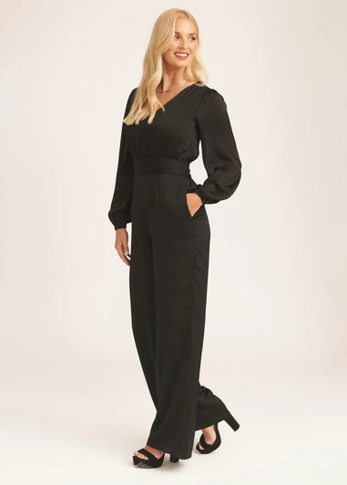 Gini London Black V Neck Satin Belted Wide Leg Jumpsuit