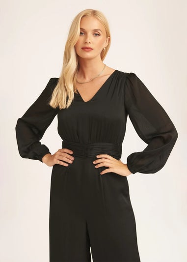 Gini London Black V Neck Satin Belted Wide Leg Jumpsuit