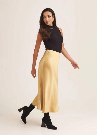 Gini London Sandy Gold Satin Bias Cut Midi Skirt